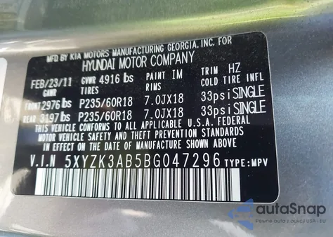 2011 Hyundai Santa Fe Limited from USA, damaged, VIN 5XYZK3AB5BG047296